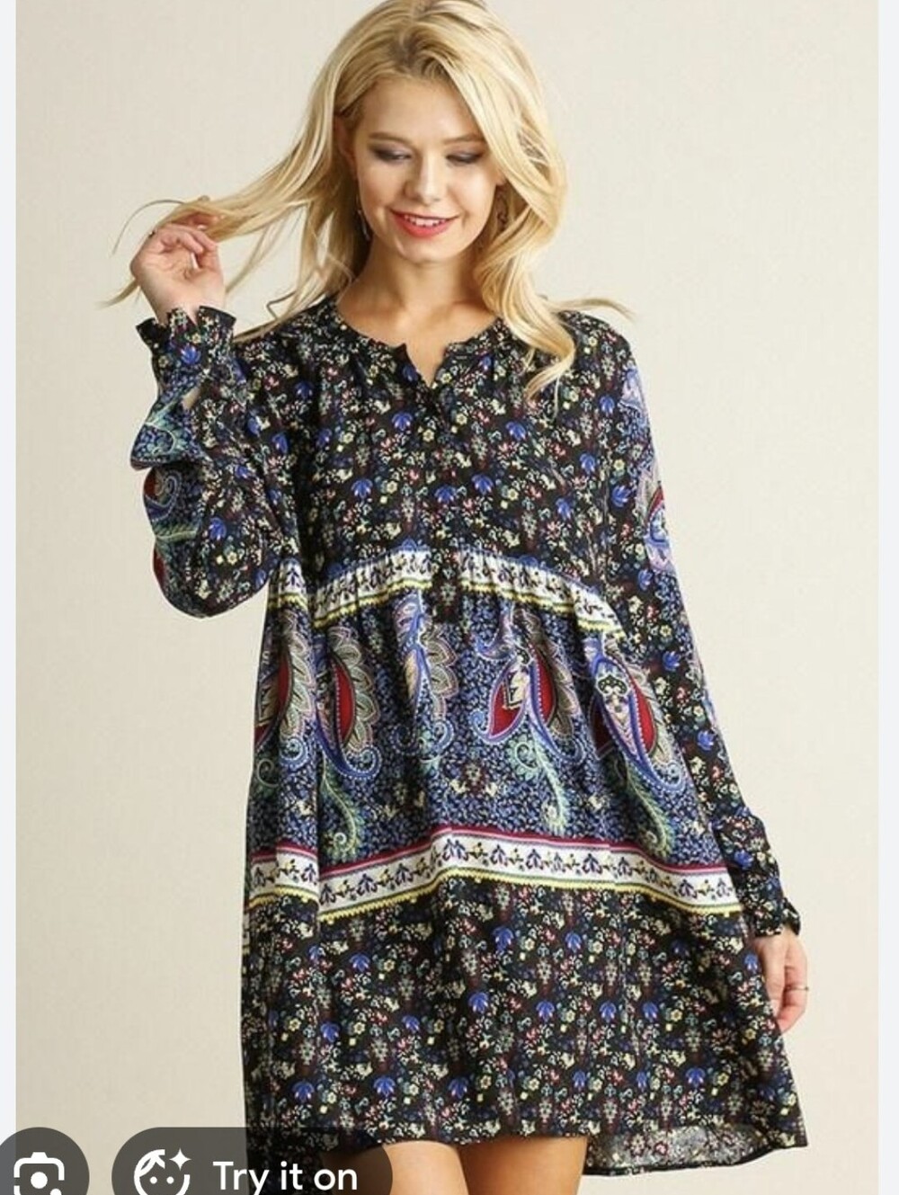 NWOT Umgee Boho Paisley Black Floral Babydoll Dress Size Small